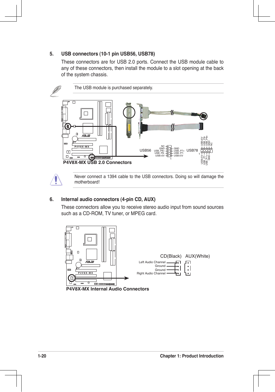 20 chapter 1: product introduction, Cd(black) aux(white), P4v8x-mx internal audio connectors | P4v8x-mx usb 2.0 connectors | Asus P4V8X-MX User Manual | Page 29 / 71