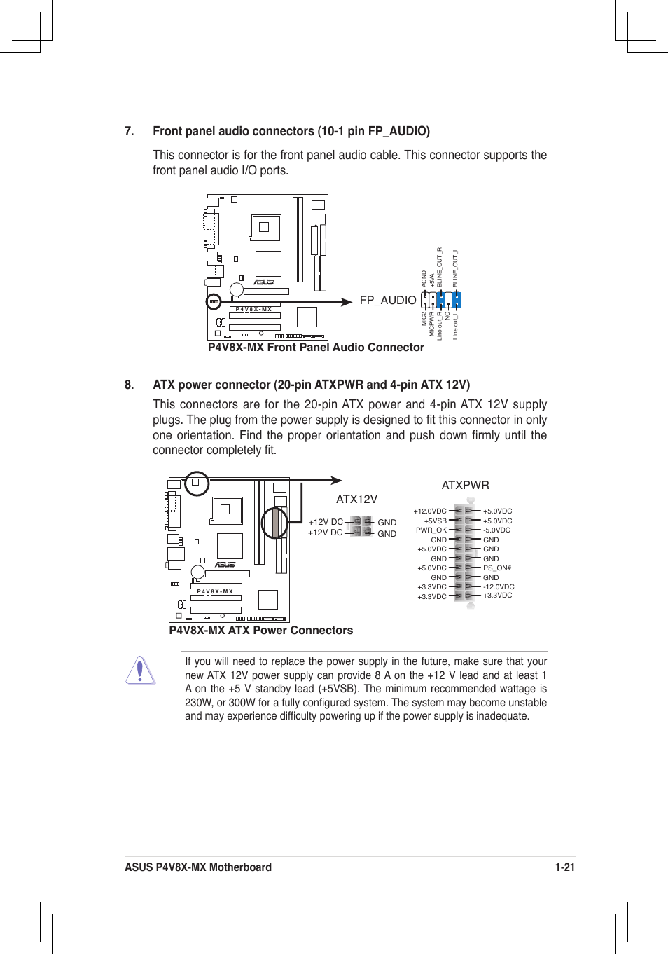 Atxpwr, Atx12v p4v8x-mx atx power connectors, Fp_audio p4v8x-mx front panel audio connector | Asus P4V8X-MX User Manual | Page 30 / 71