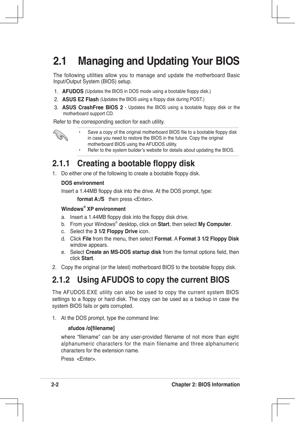 1 managing and updating your bios, 1 creating a bootable ﬂoppy disk, 2 using afudos to copy the current bios | Asus P4V8X-MX User Manual | Page 34 / 71