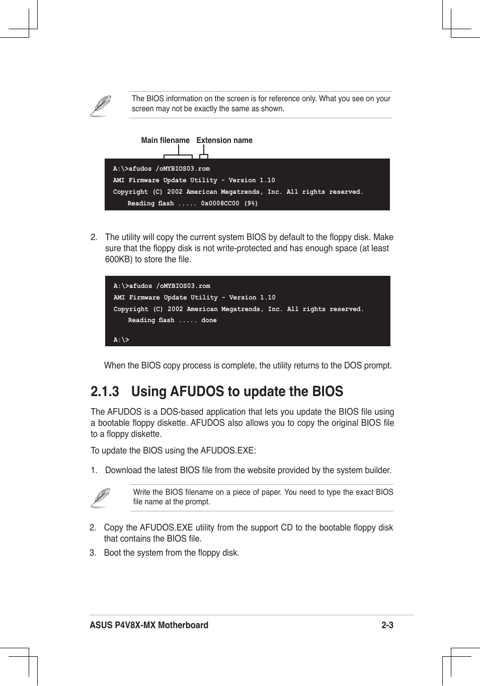 3 using afudos to update the bios | Asus P4V8X-MX User Manual | Page 35 / 71