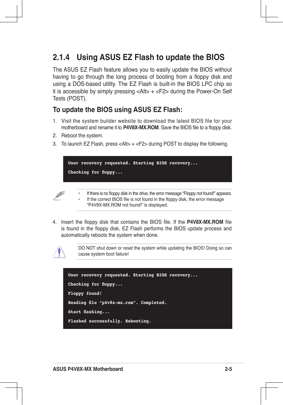 4 using asus ez flash to update the bios | Asus P4V8X-MX User Manual | Page 37 / 71