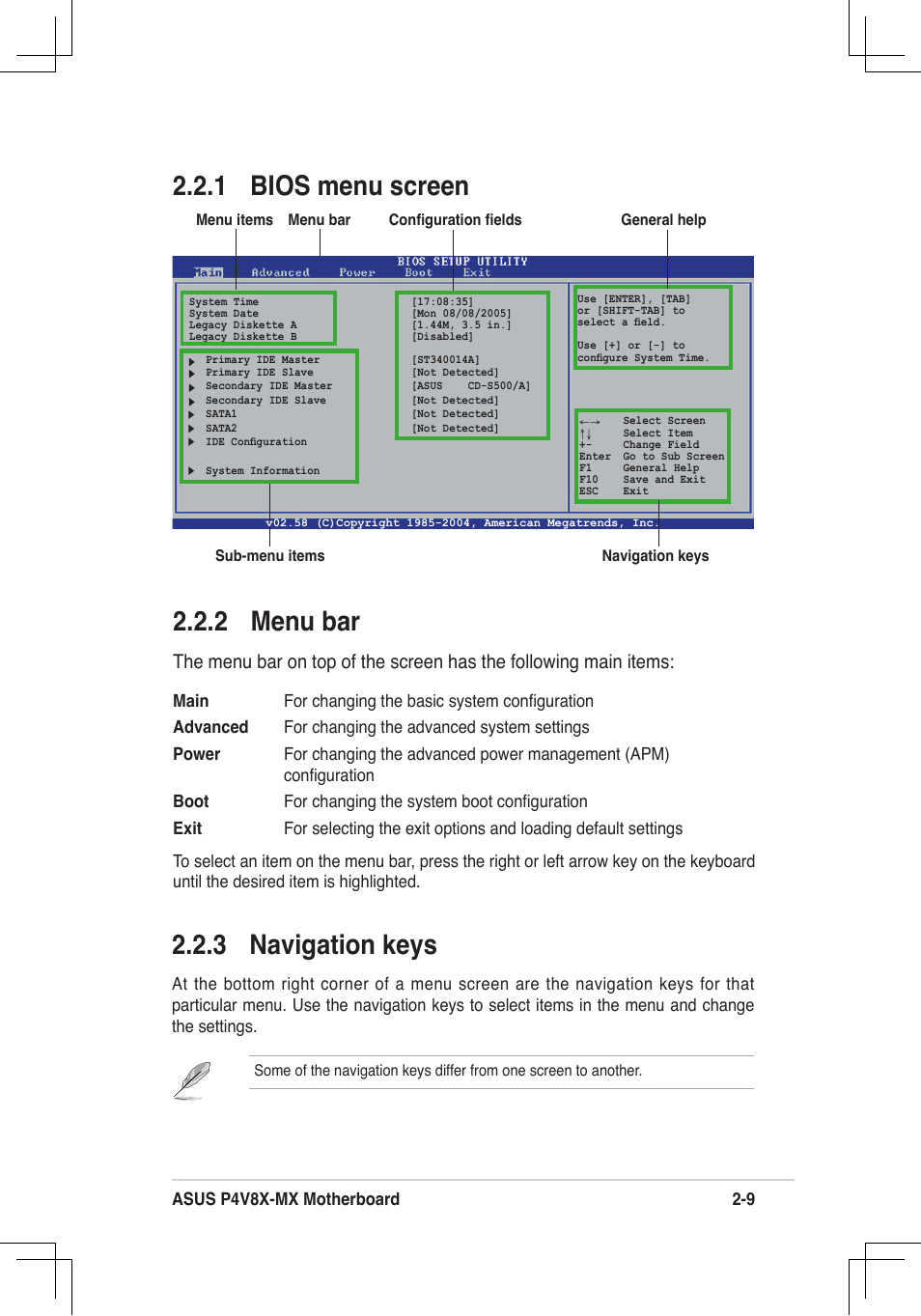 2 menu bar, 1 bios menu screen 2.2.3 navigation keys | Asus P4V8X-MX User Manual | Page 41 / 71