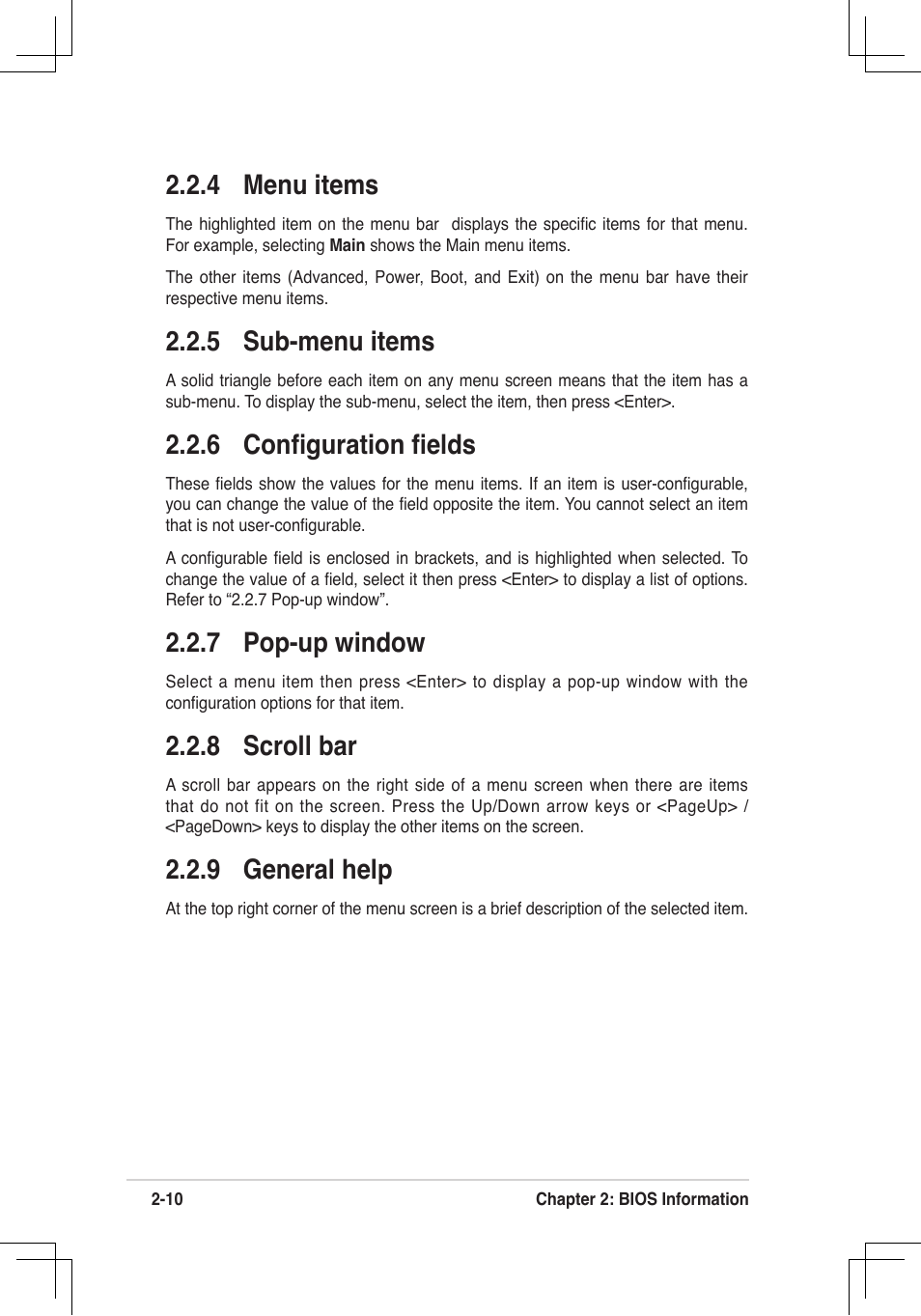 4 menu items, 5 sub-menu items, 6 conﬁguration ﬁelds | 7 pop-up window, 8 scroll bar, 9 general help | Asus P4V8X-MX User Manual | Page 42 / 71