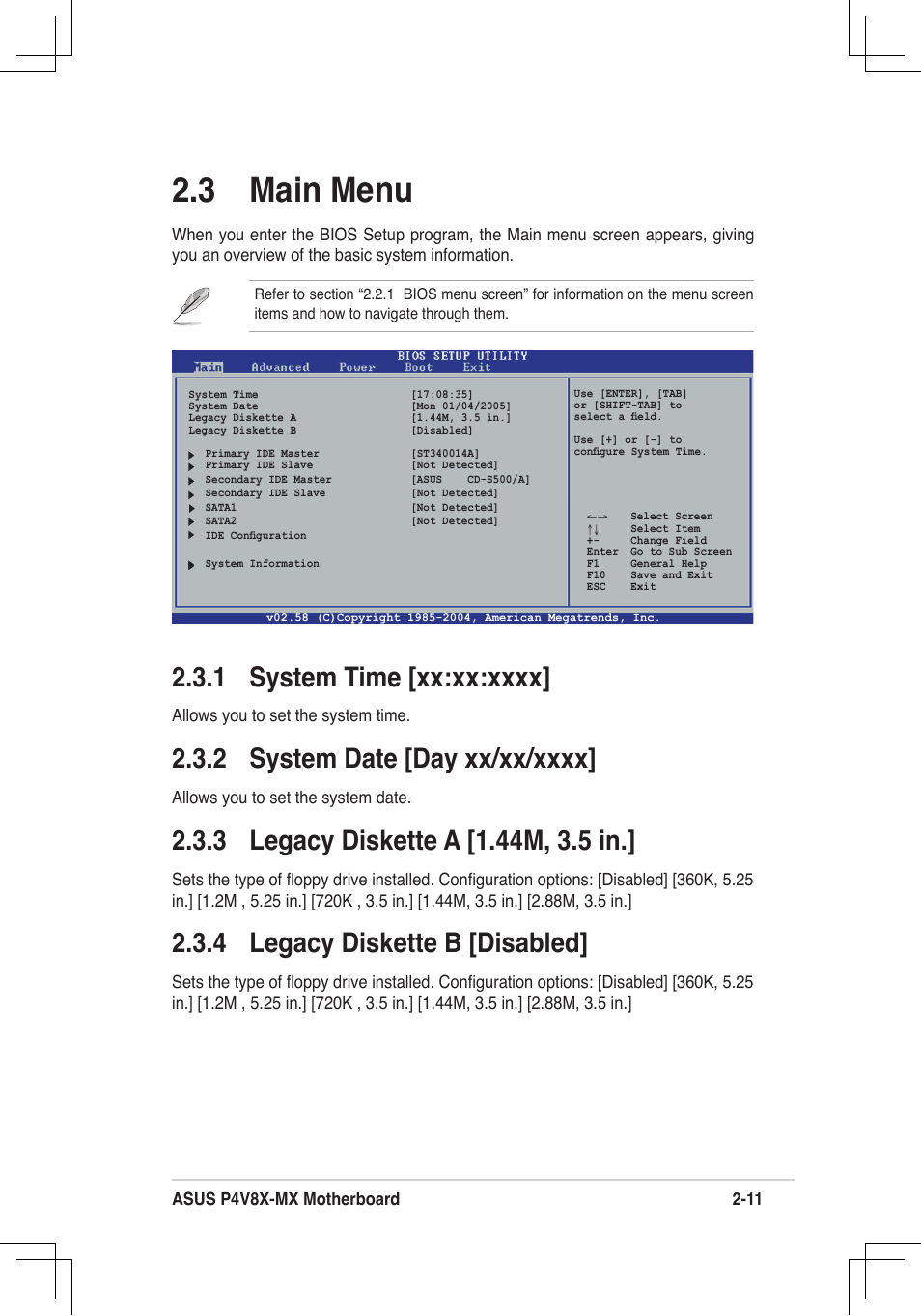 3 main menu, 4 legacy diskette b [disabled | Asus P4V8X-MX User Manual | Page 43 / 71