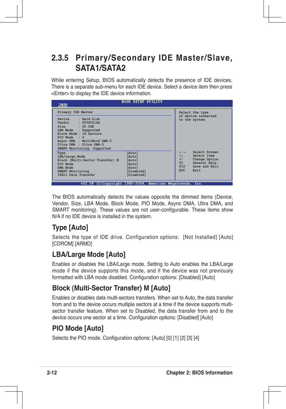 5 primary/secondary ide master/slave, sata1/sata2, Type [auto, Lba/large mode [auto | Block (multi-sector transfer) m [auto, Pio mode [auto | Asus P4V8X-MX User Manual | Page 44 / 71