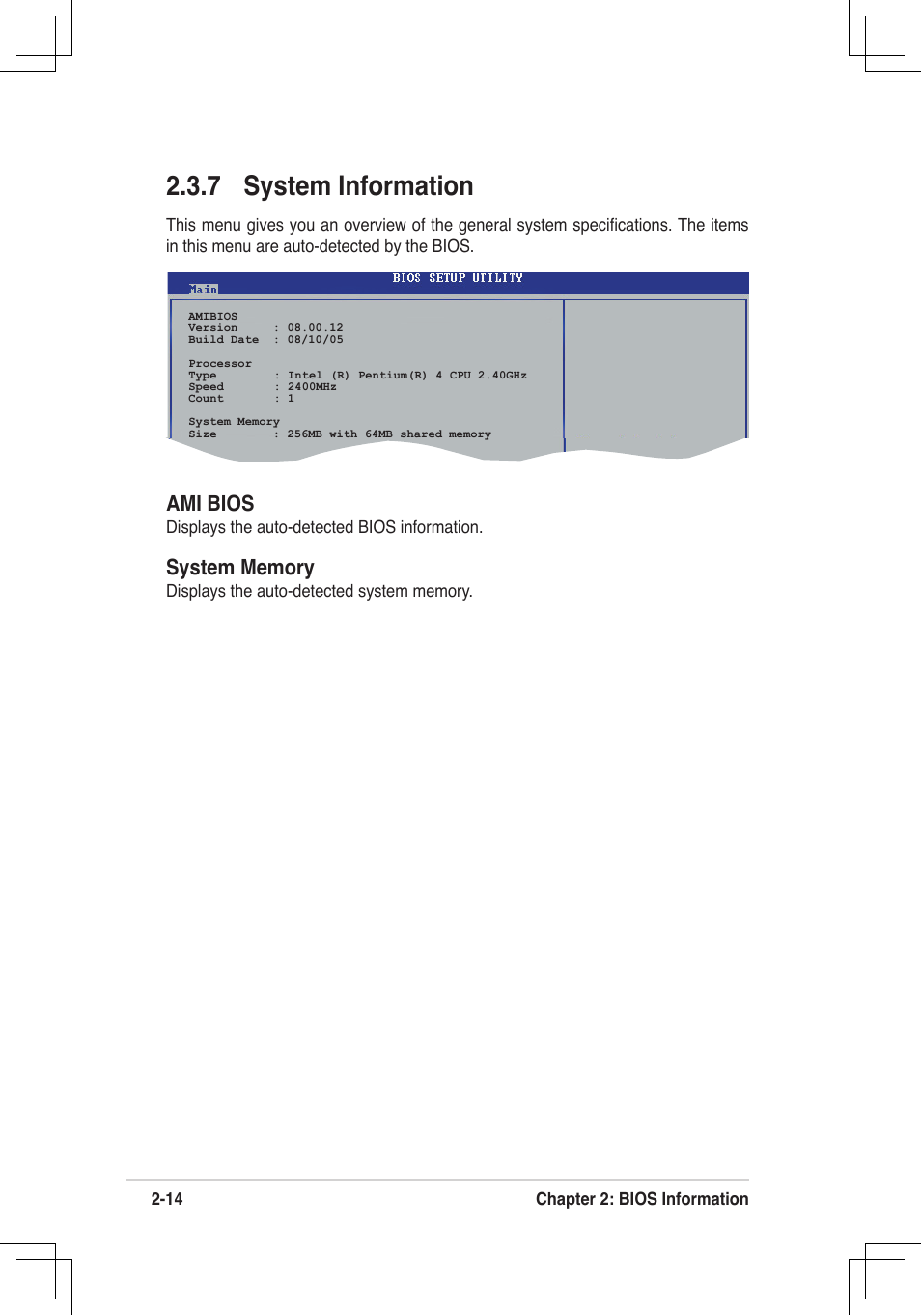 7 system information, Ami bios | Asus P4V8X-MX User Manual | Page 46 / 71