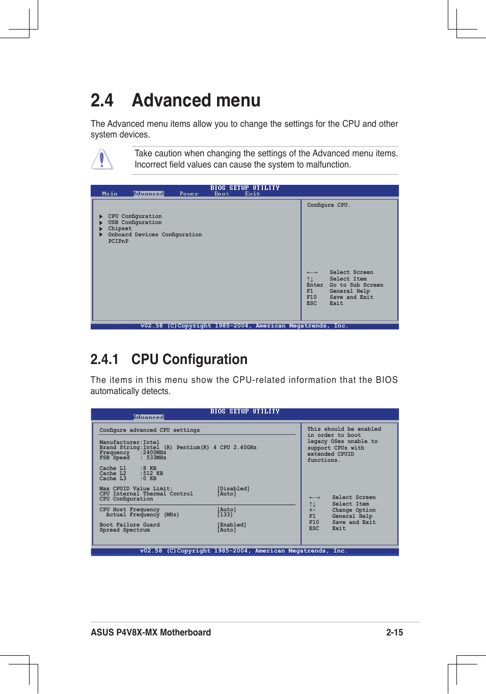 4 advanced menu, 1 cpu conﬁguration | Asus P4V8X-MX User Manual | Page 47 / 71