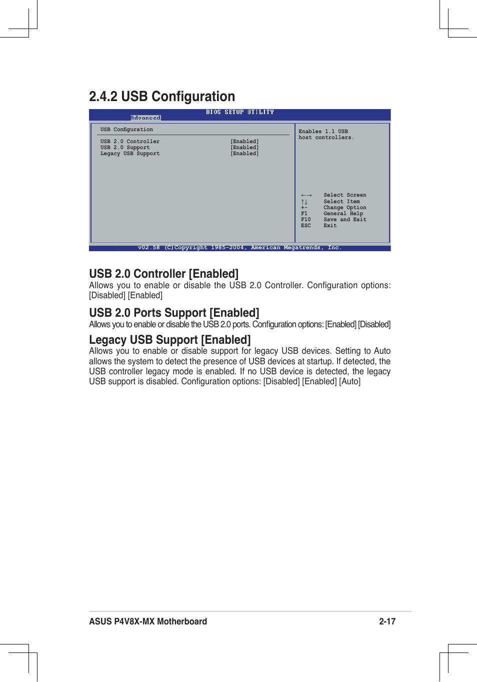 2 usb conﬁguration, Usb 2.0 controller [enabled, Usb 2.0 ports support [enabled | Legacy usb support [enabled | Asus P4V8X-MX User Manual | Page 49 / 71