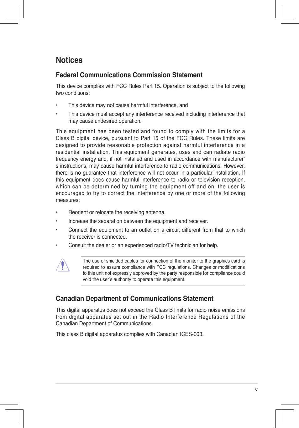 Notices, Canadian department of communications statement, Federal communications commission statement | Asus P4V8X-MX User Manual | Page 5 / 71