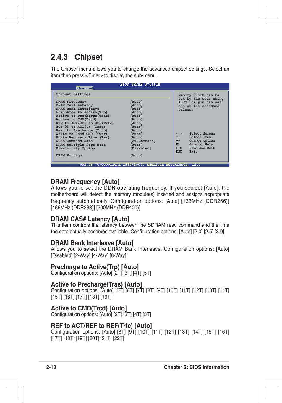 3 chipset, Dram frequency [auto, Dram cas# latency [auto | Dram bank interleave [auto, Precharge to active(trp) [auto, Active to precharge(tras) [auto, Active to cmd(trcd) [auto, Ref to act/ref to ref(trfc) [auto | Asus P4V8X-MX User Manual | Page 50 / 71