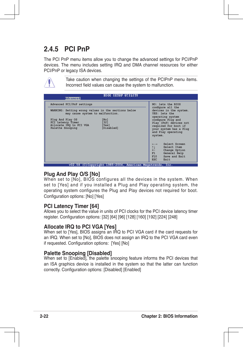 5 pci pnp, Plug and play o/s [no, Pci latency timer [64 | Allocate irq to pci vga [yes, Palette snooping [disabled | Asus P4V8X-MX User Manual | Page 54 / 71