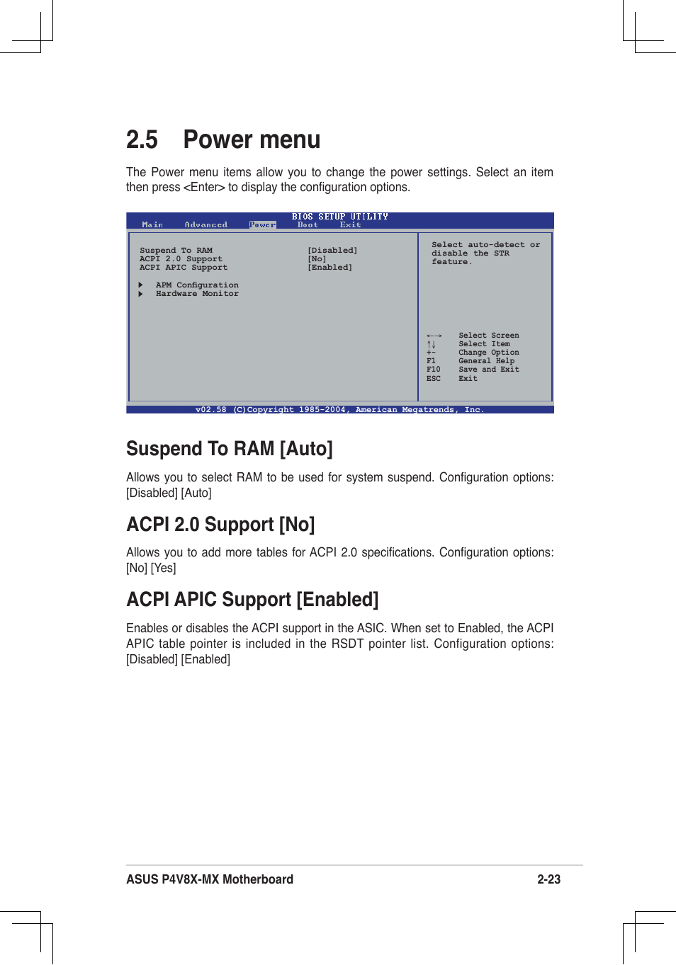 5 power menu, Suspend to ram [auto, Acpi 2.0 support [no | Acpi apic support [enabled | Asus P4V8X-MX User Manual | Page 55 / 71