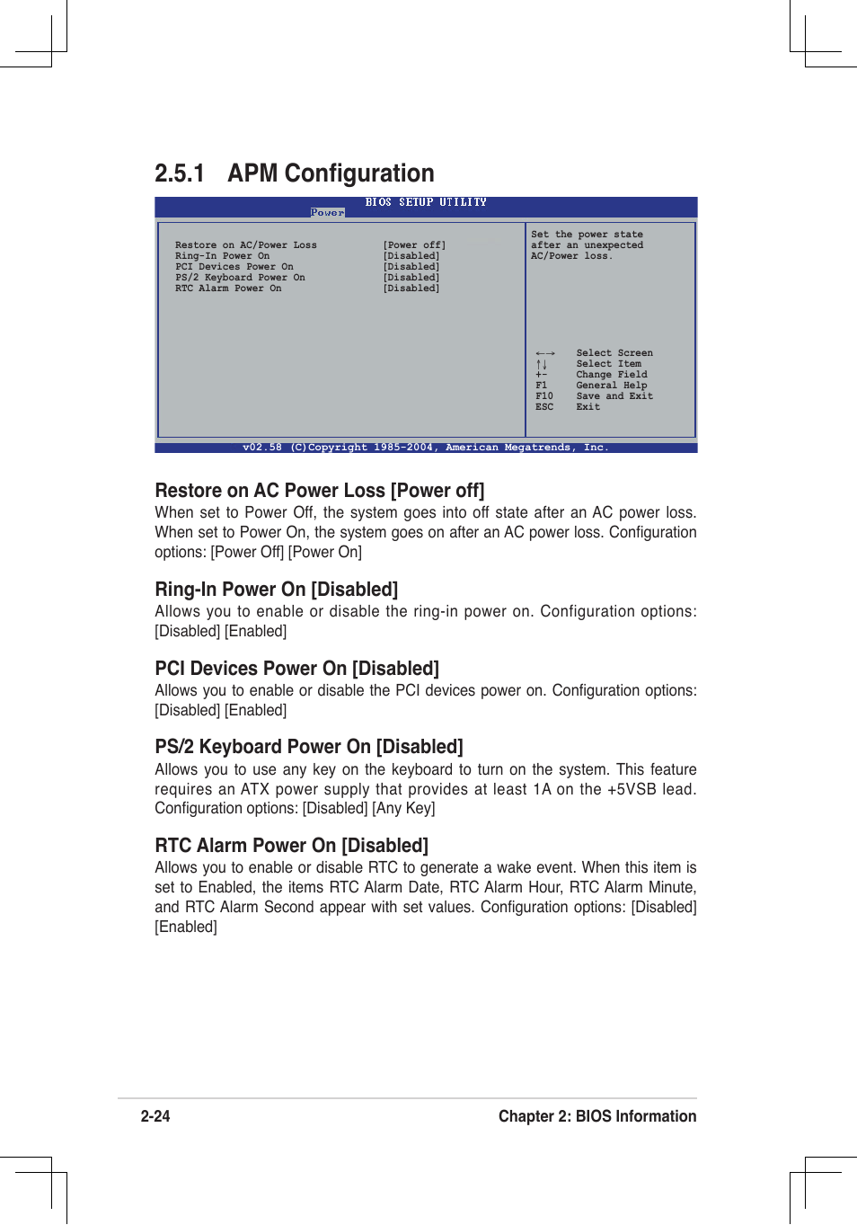 1 apm conﬁguration, Restore on ac power loss [power off, Ring-in power on [disabled | Pci devices power on [disabled, Ps/2 keyboard power on [disabled, Rtc alarm power on [disabled | Asus P4V8X-MX User Manual | Page 56 / 71