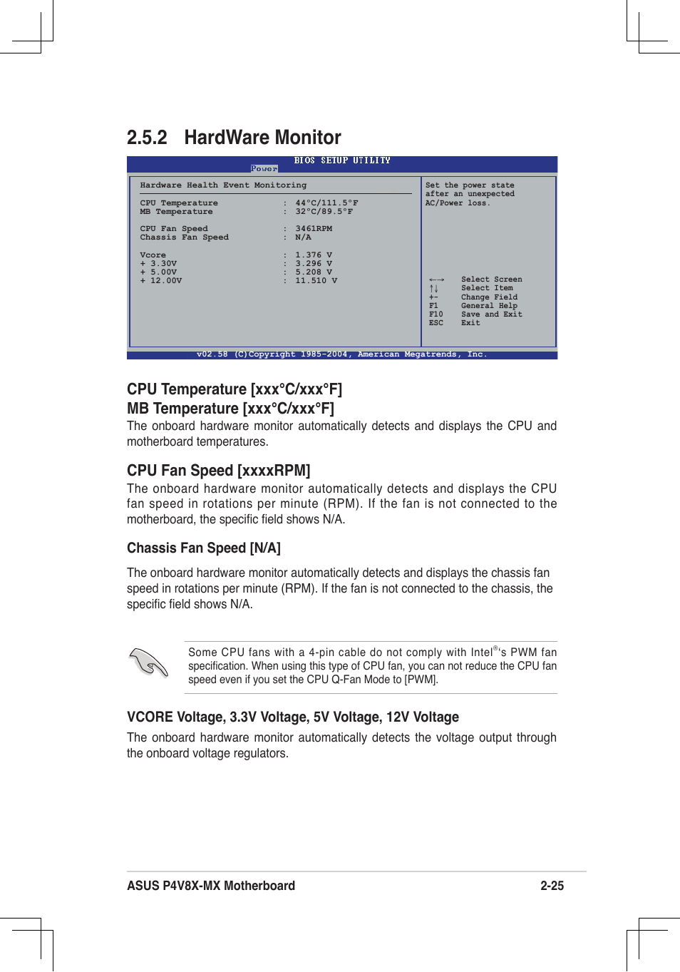 2 hardware monitor, Chassis fan speed [n/a | Asus P4V8X-MX User Manual | Page 57 / 71