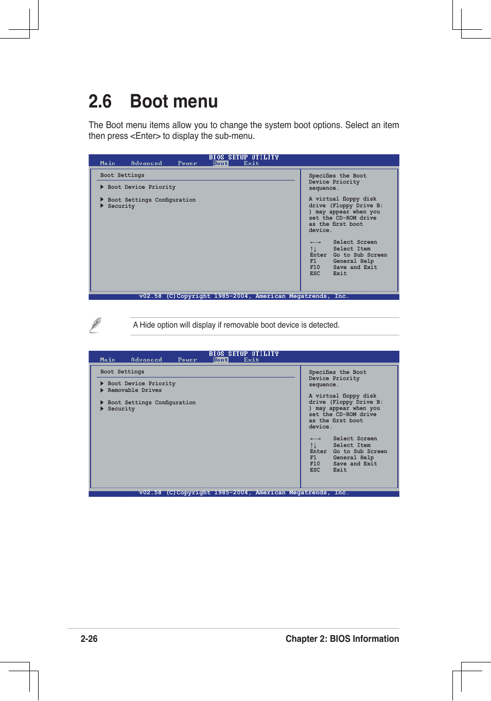 6 boot menu, 26 chapter 2: bios information | Asus P4V8X-MX User Manual | Page 58 / 71