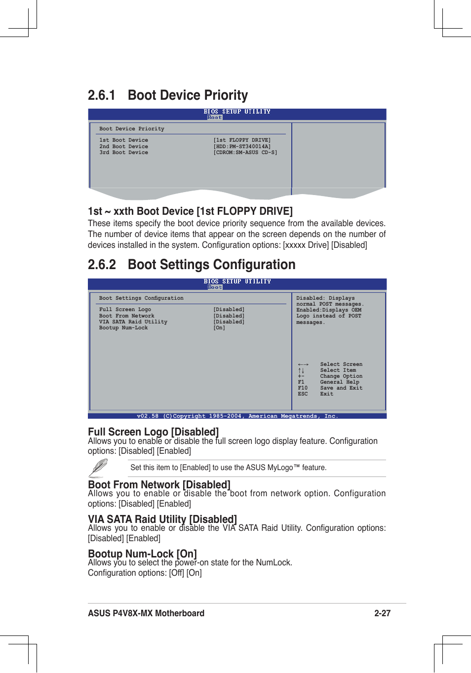 1 boot device priority, 2 boot settings conﬁguration, 1st ~ xxth boot device [1st floppy drive | Full screen logo [disabled, Boot from network [disabled, Via sata raid utility [disabled, Bootup num-lock [on | Asus P4V8X-MX User Manual | Page 59 / 71