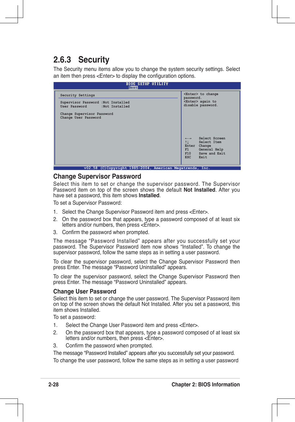 3 security, Change supervisor password, Change user password | Asus P4V8X-MX User Manual | Page 60 / 71