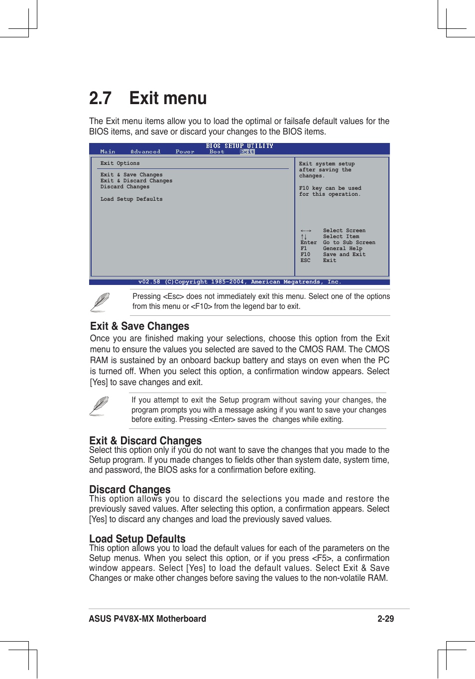 7 exit menu, Exit & save changes, Exit & discard changes | Discard changes, Load setup defaults | Asus P4V8X-MX User Manual | Page 61 / 71