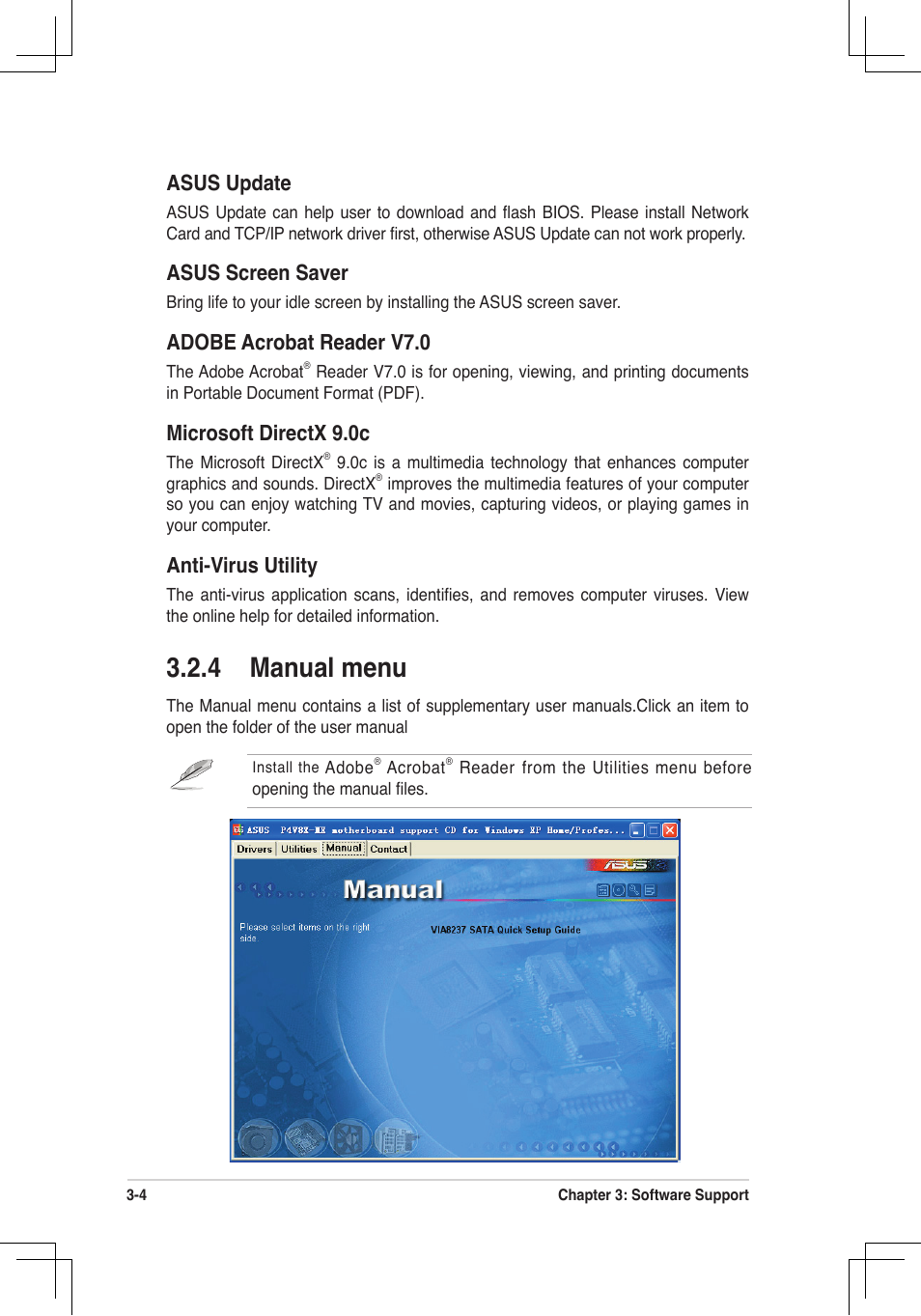 4 manual menu, Asus update, Asus screen saver | Adobe acrobat reader v7.0, Microsoft directx 9.0c, Anti-virus utility | Asus P4V8X-MX User Manual | Page 65 / 71