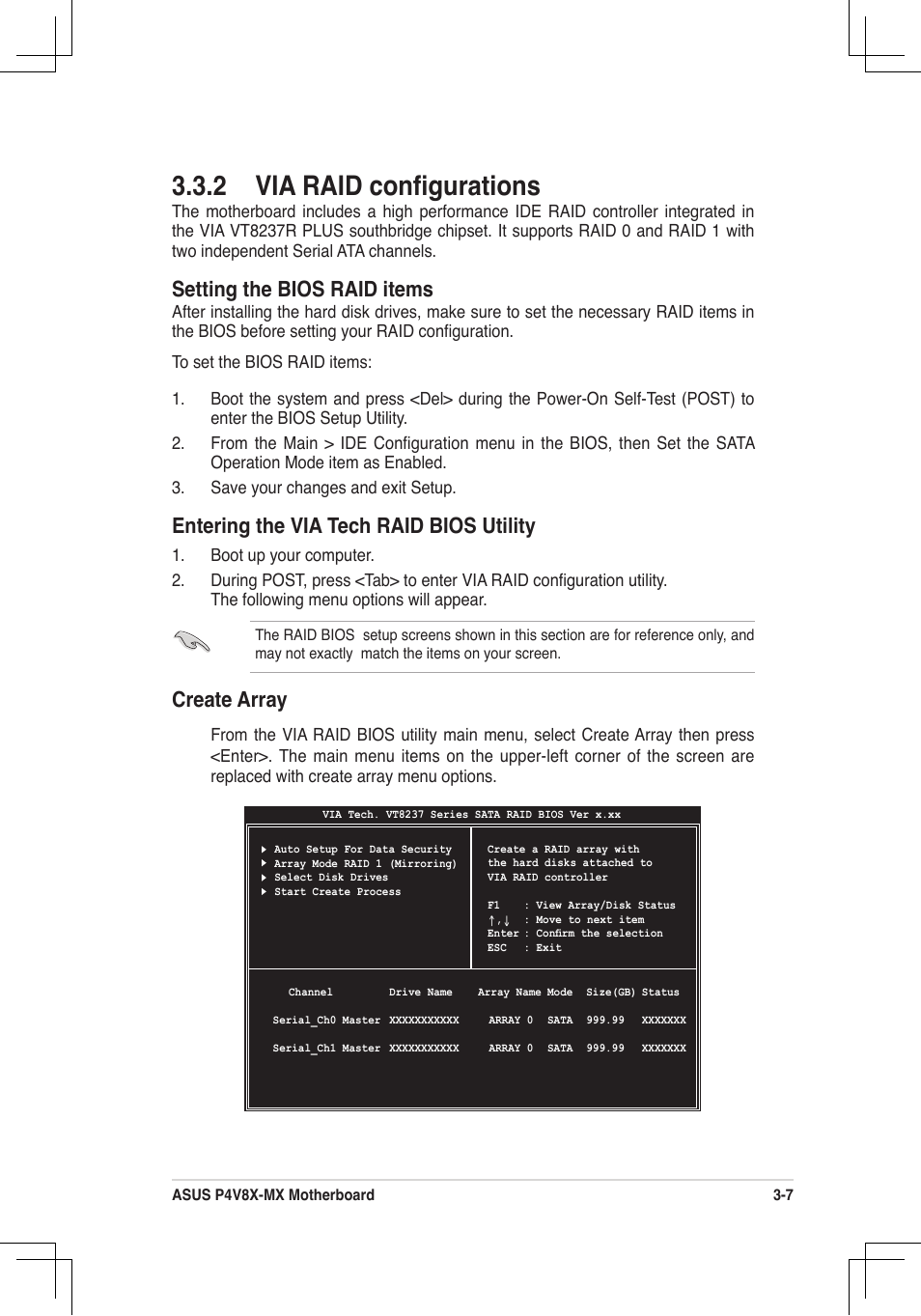 2 via raid conﬁgurations, Setting the bios raid items, Entering the via tech raid bios utility | Create array | Asus P4V8X-MX User Manual | Page 68 / 71