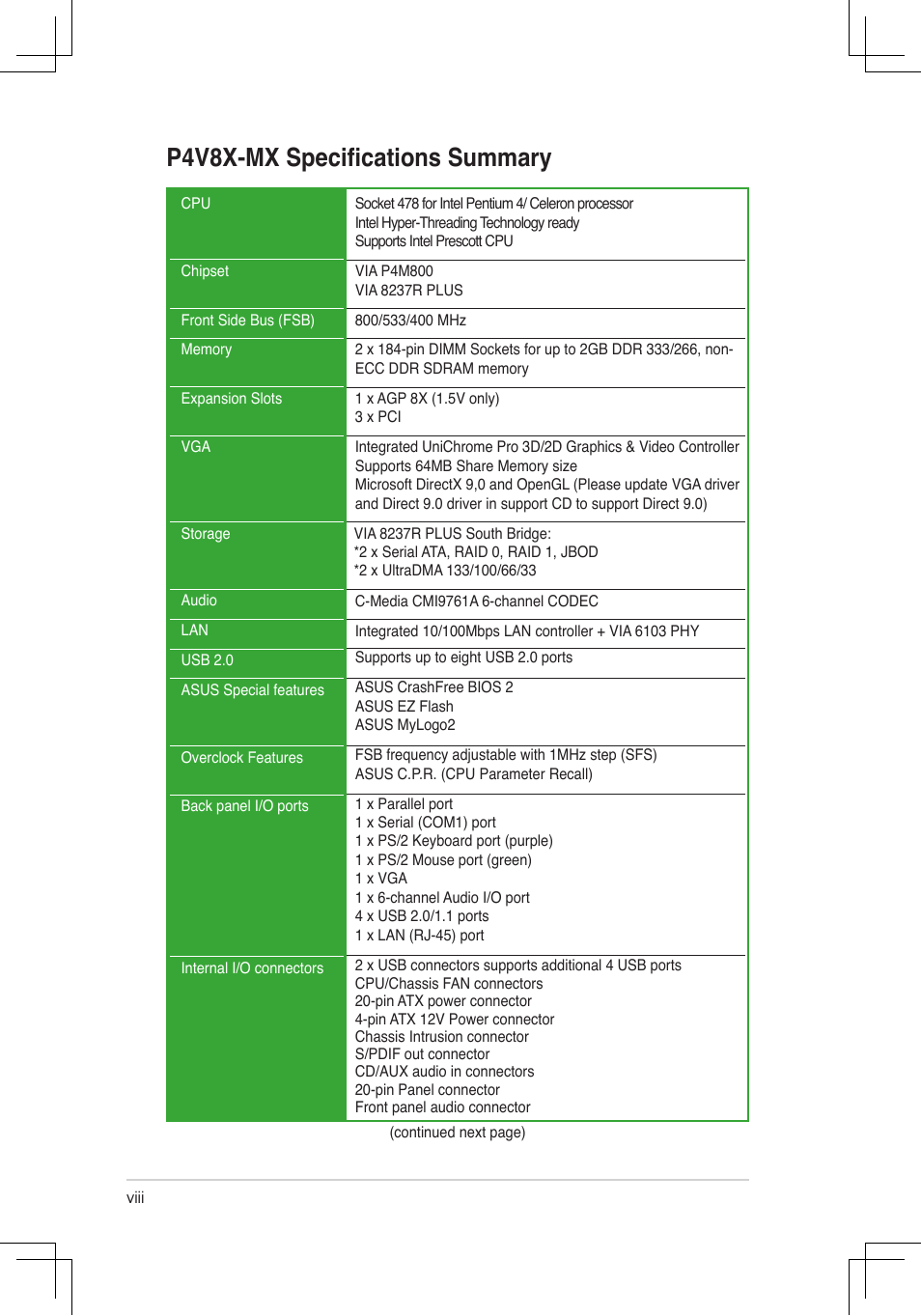 P4v8x-mx speciﬁcations summary | Asus P4V8X-MX User Manual | Page 8 / 71