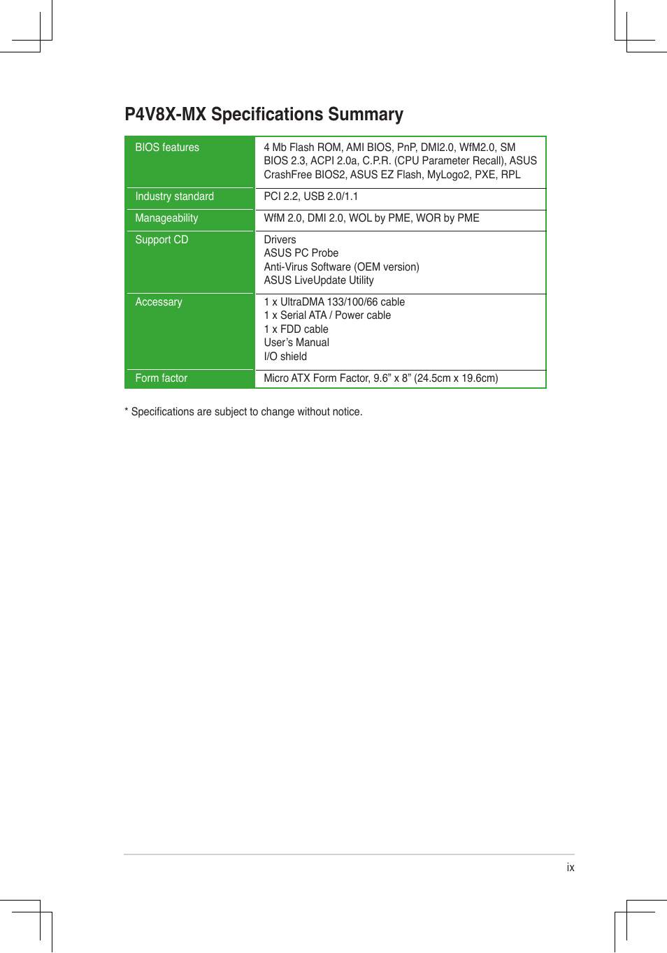 P4v8x-mx speciﬁcations summary | Asus P4V8X-MX User Manual | Page 9 / 71