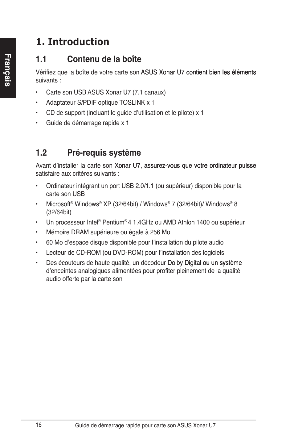 Introduction, 1 contenu de la boîte, 2 pré-requis système | Français | Asus Xonar U7 User Manual | Page 16 / 119