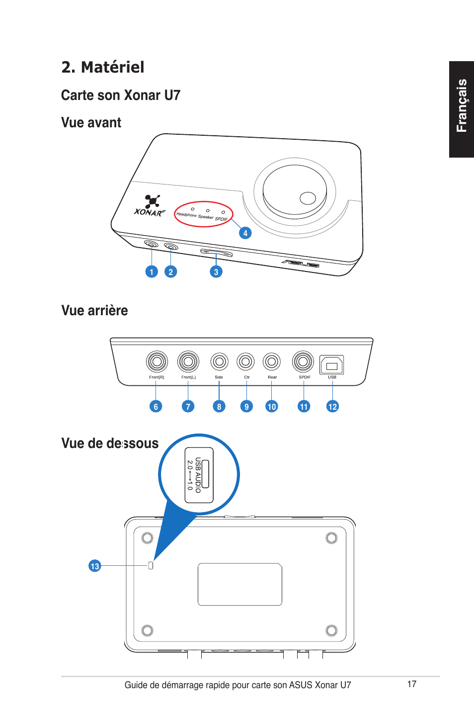 Matériel, Carte son xonar u7 vue avant, Vue arrière vue de dessous | Français | Asus Xonar U7 User Manual | Page 17 / 119