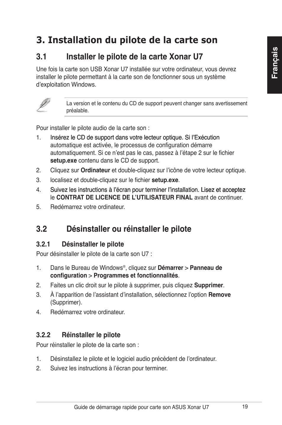 Installation du pilote de la carte son, 1 installer le pilote de la carte xonar u7, 2 désinstaller ou réinstaller le pilote | Français | Asus Xonar U7 User Manual | Page 19 / 119