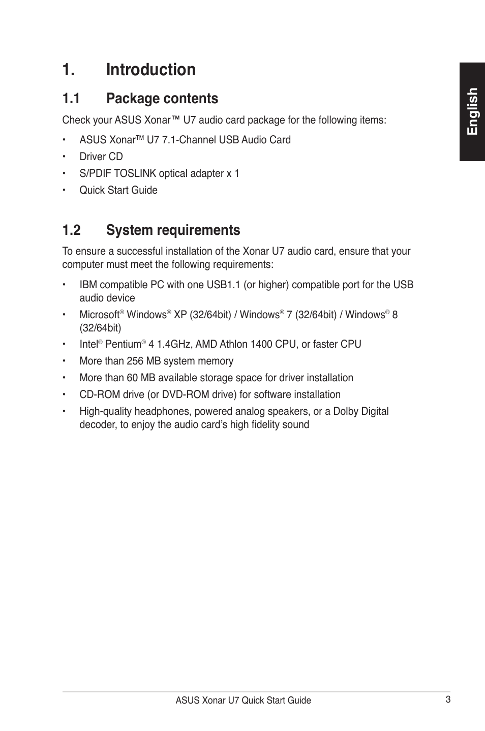 Introduction, 1 package contents, 2 system requirements | English | Asus Xonar U7 User Manual | Page 3 / 119