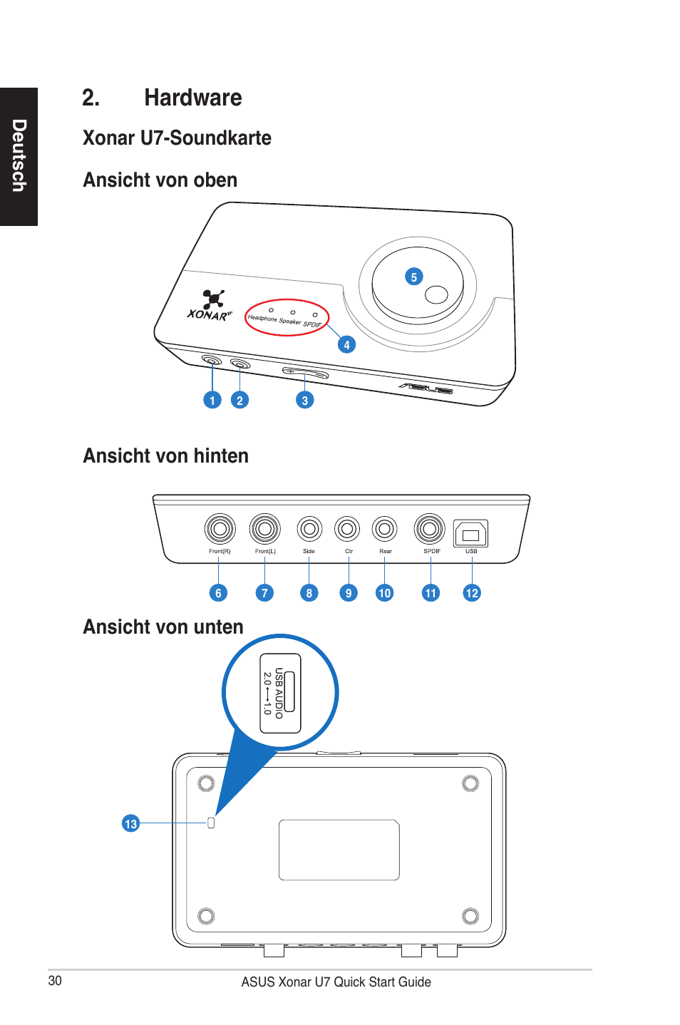 Hardware, Xonar u7-soundkarte, Deutsch | Asus Xonar U7 User Manual | Page 30 / 119