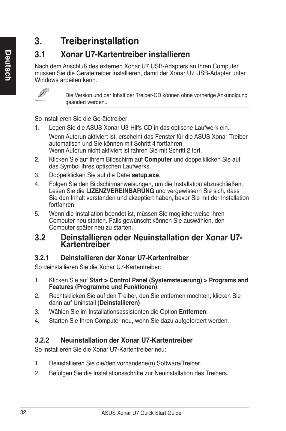 Treiberinstallation treiberinstallation, 1 xonar u7-kartentreiber installieren | Asus Xonar U7 User Manual | Page 32 / 119