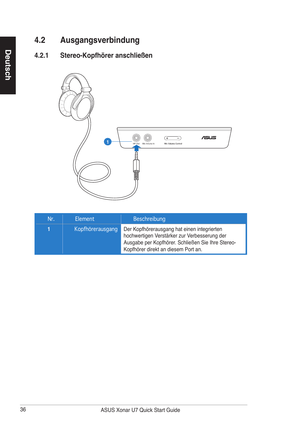 2 ausgangsverbindung, Deutsch, 1 stereo-kopfhörer anschließen | Asus Xonar U7 User Manual | Page 36 / 119