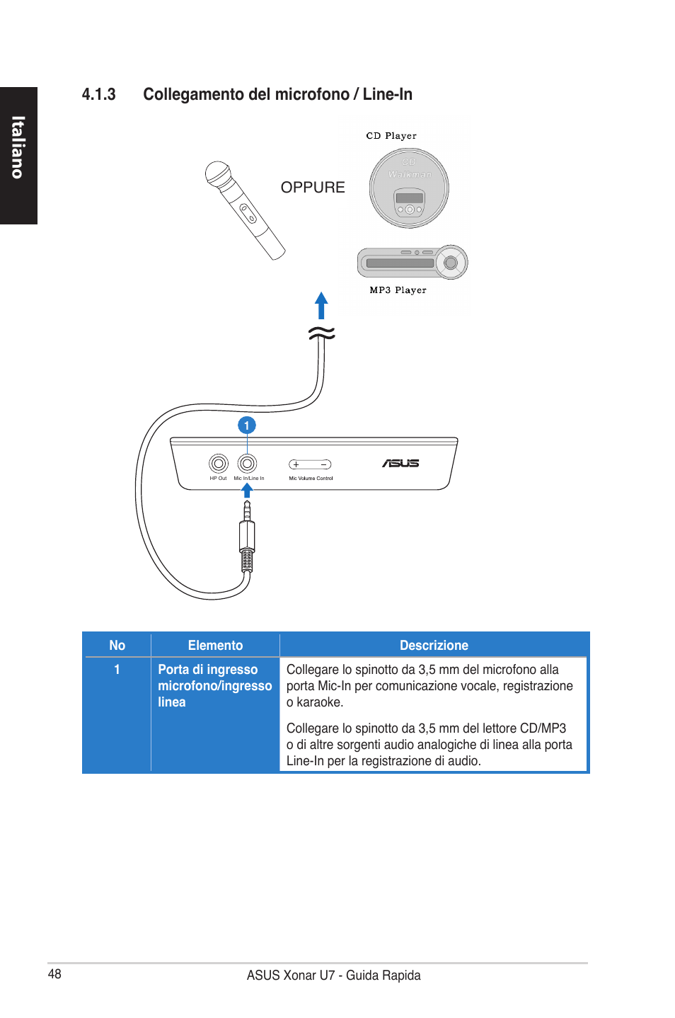 Italiano, 3 collegamento del microfono / line-in | Asus Xonar U7 User Manual | Page 48 / 119