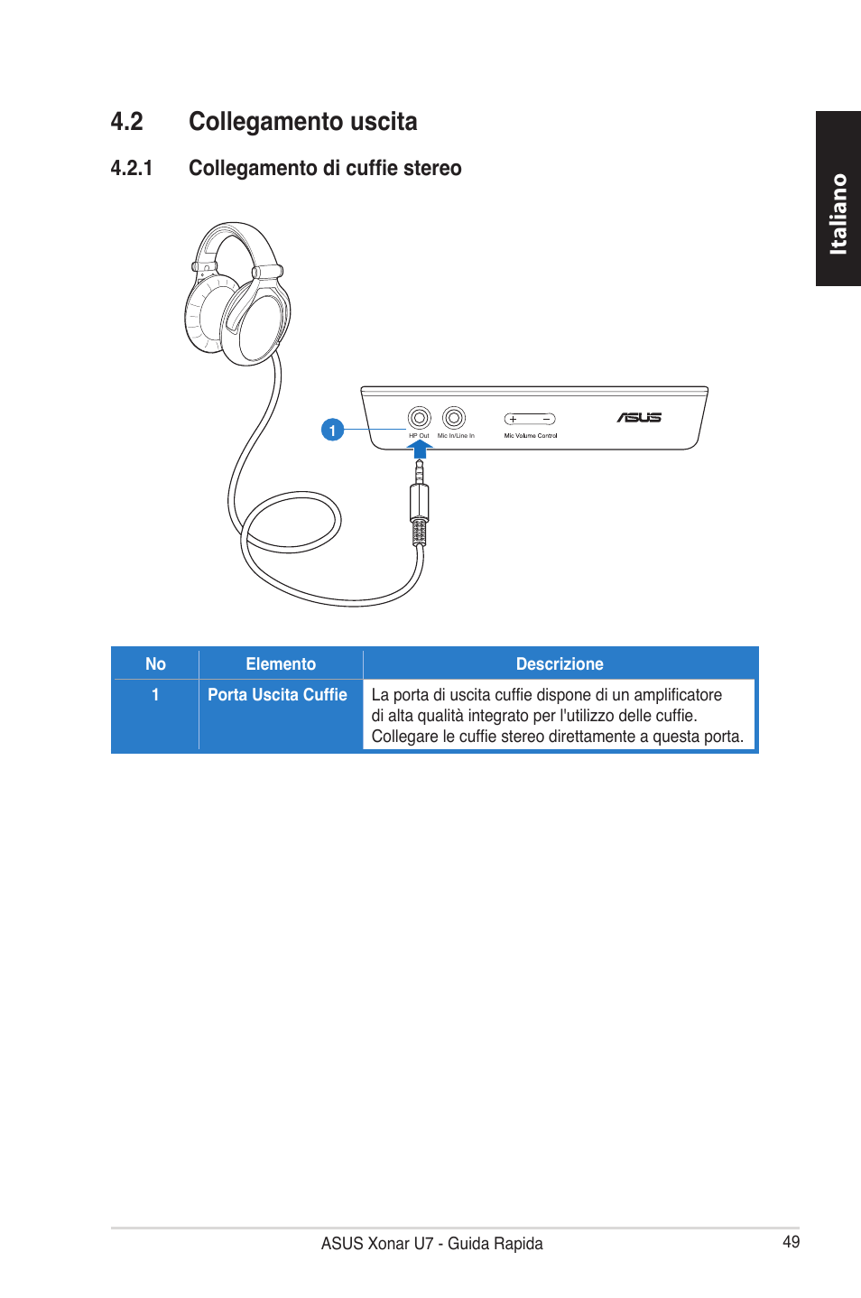 2 collegamento uscita, Italiano, 1 collegamento di cuffie stereo | Asus Xonar U7 User Manual | Page 49 / 119