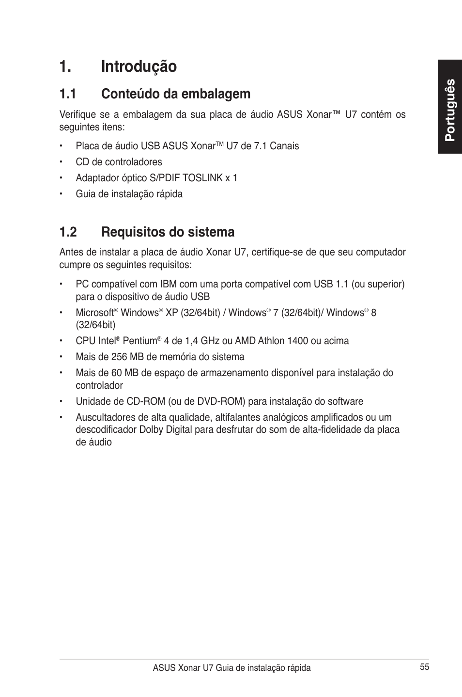 Introdução, 1 conteúdo da embalagem, 2 requisitos do sistema | Português | Asus Xonar U7 User Manual | Page 55 / 119