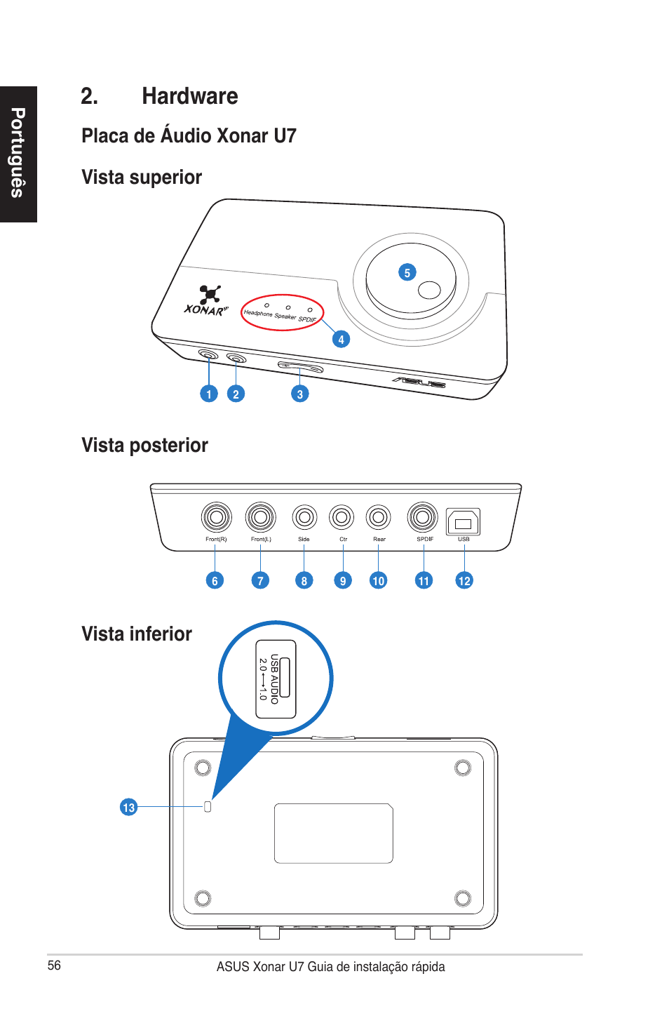 Hardware, Placa de áudio xonar u7, Vista superior vista posterior vista inferior | Português | Asus Xonar U7 User Manual | Page 56 / 119