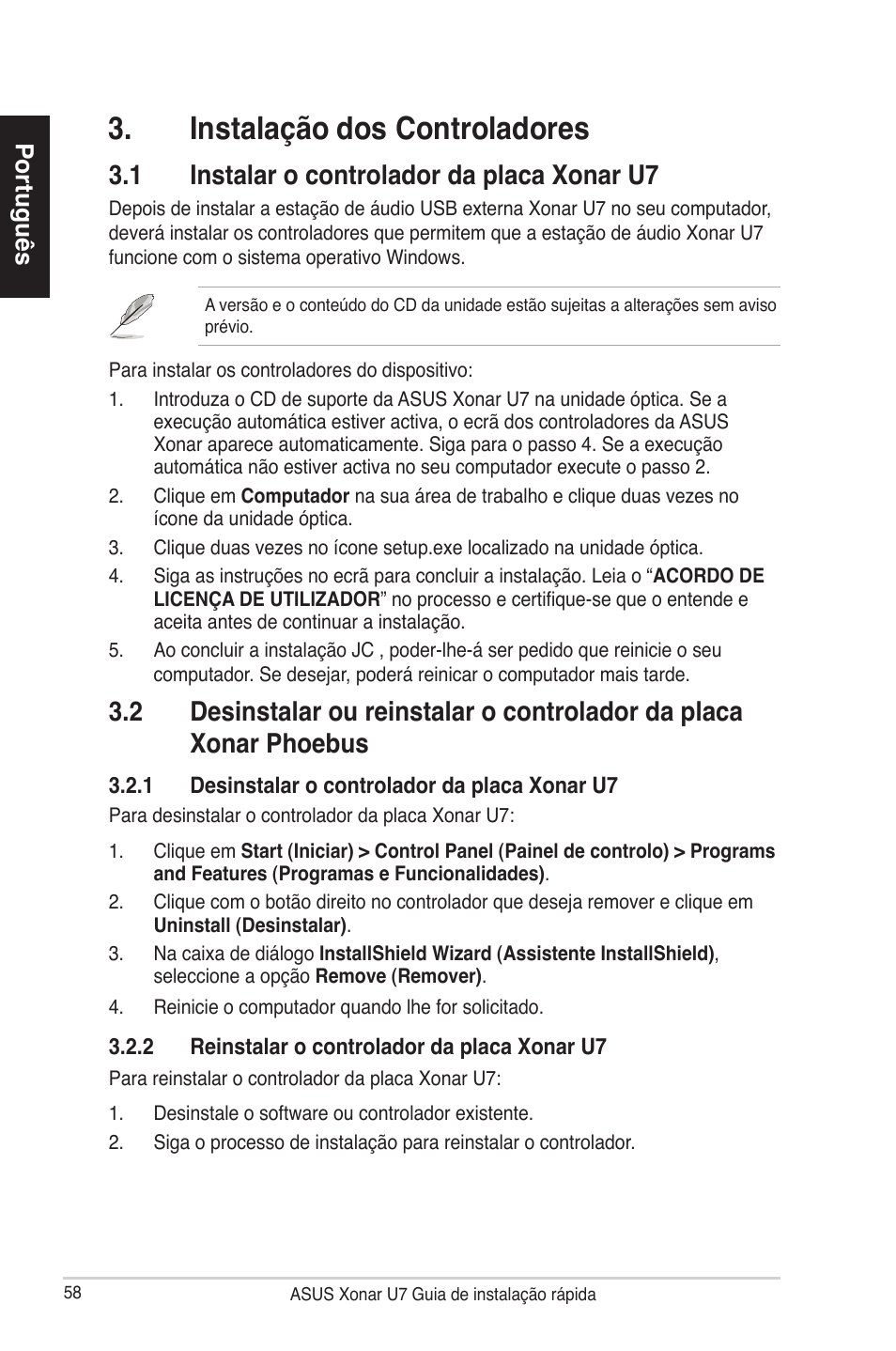 Instalação dos controladores, 1 instalar o controlador da placa xonar u7 | Asus Xonar U7 User Manual | Page 58 / 119