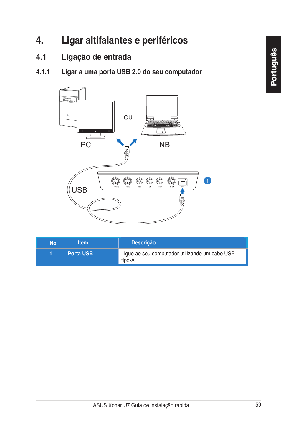 Ligar altifalantes e periféricos, 1 ligação de entrada | Asus Xonar U7 User Manual | Page 59 / 119