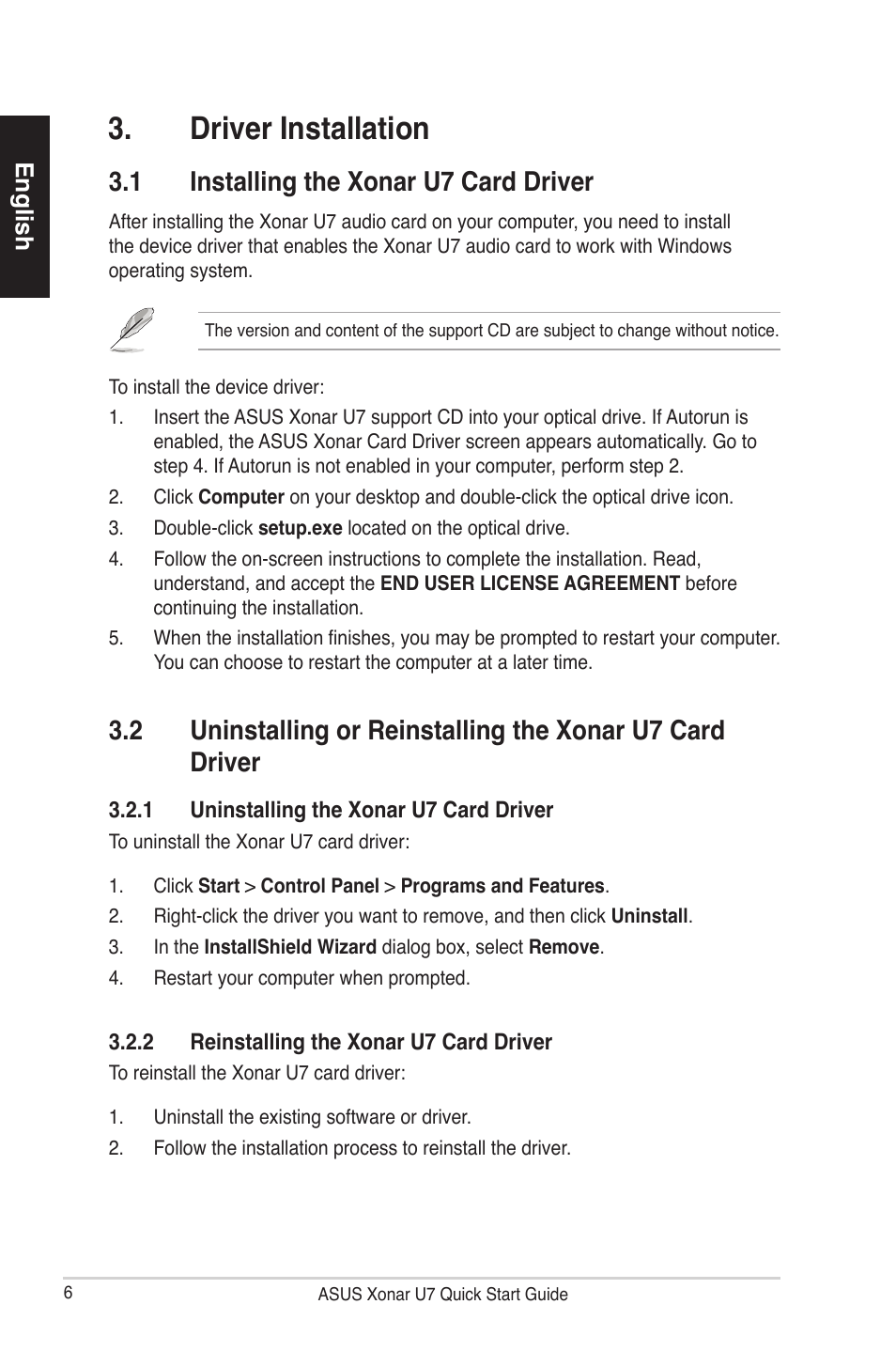 Driver installation, 1 installing the xonar u7 card driver | Asus Xonar U7 User Manual | Page 6 / 119