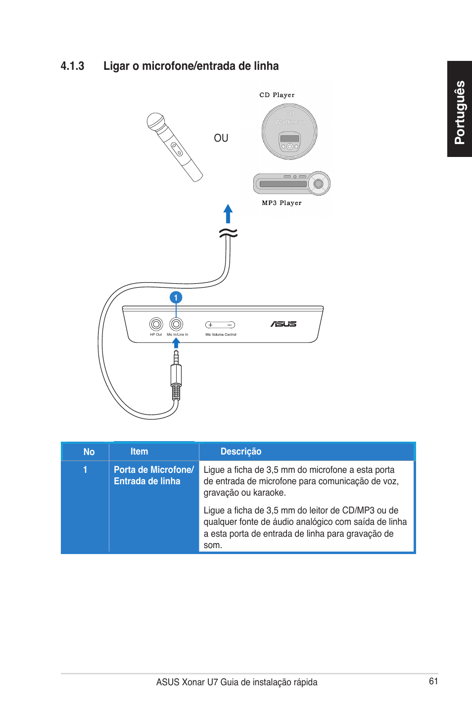 Português, 3 ligar o microfone/entrada de linha | Asus Xonar U7 User Manual | Page 61 / 119