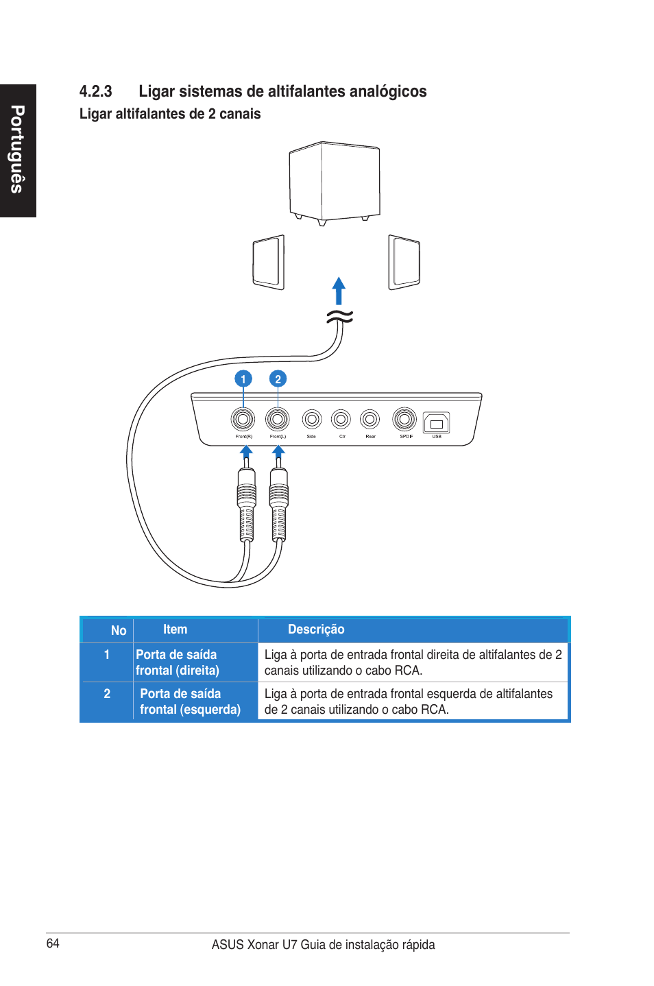 Português, 3 ligar sistemas de altifalantes analógicos | Asus Xonar U7 User Manual | Page 64 / 119