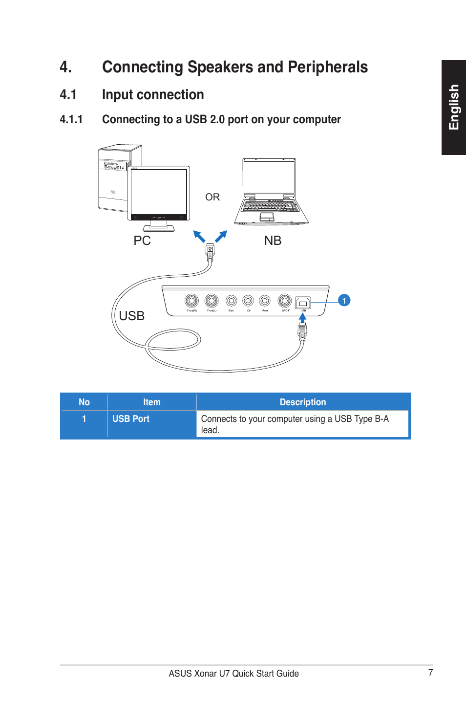 Connecting speakers and peripherals, 1 input connection | Asus Xonar U7 User Manual | Page 7 / 119