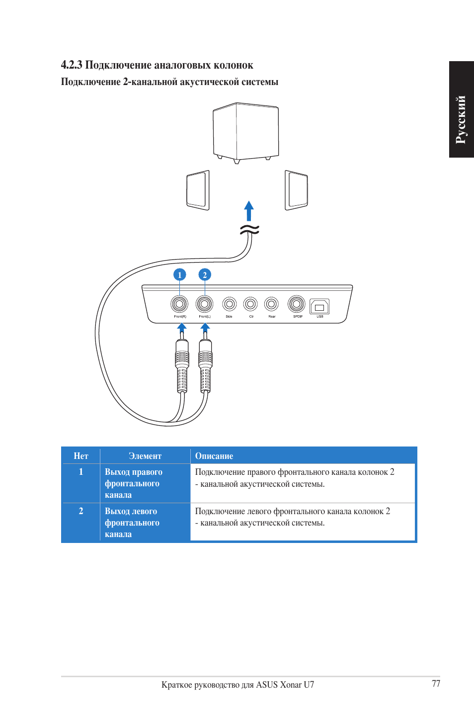 Русский, 3 подключение аналоговых колонок | Asus Xonar U7 User Manual | Page 77 / 119