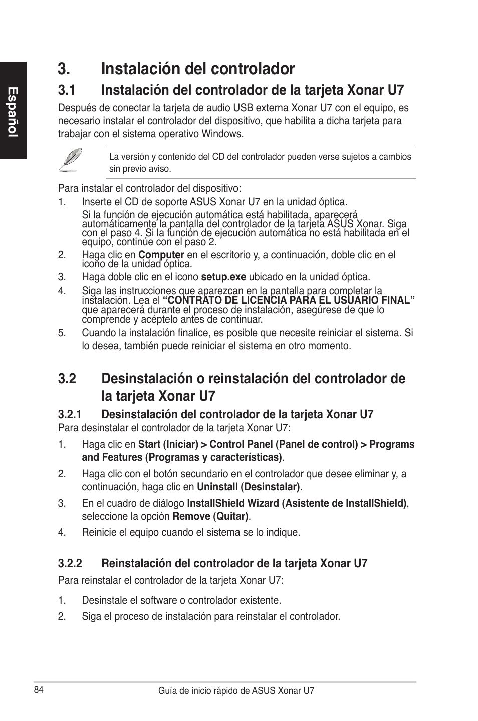 Instalación del controlador, Español | Asus Xonar U7 User Manual | Page 84 / 119