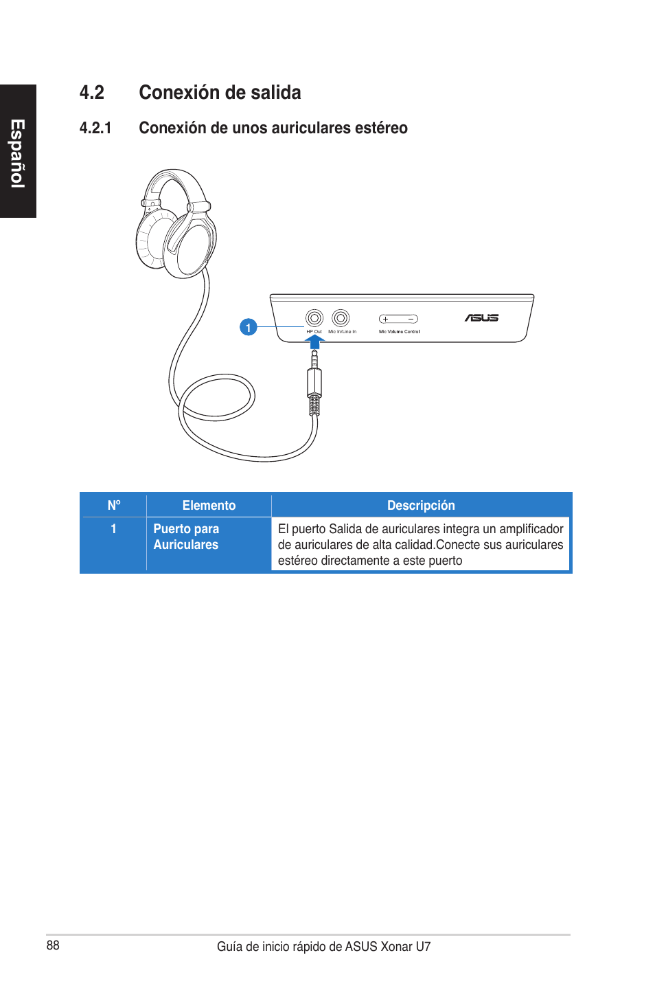 2 conexión de salida, Español, 1 conexión de unos auriculares estéreo | Asus Xonar U7 User Manual | Page 88 / 119