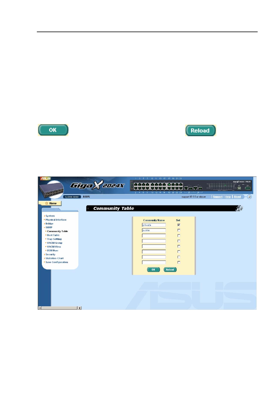 6 snmp, 1 community table, Snmp | Community table, Figure 29 | Asus GigaX2024X User Manual | Page 55 / 119