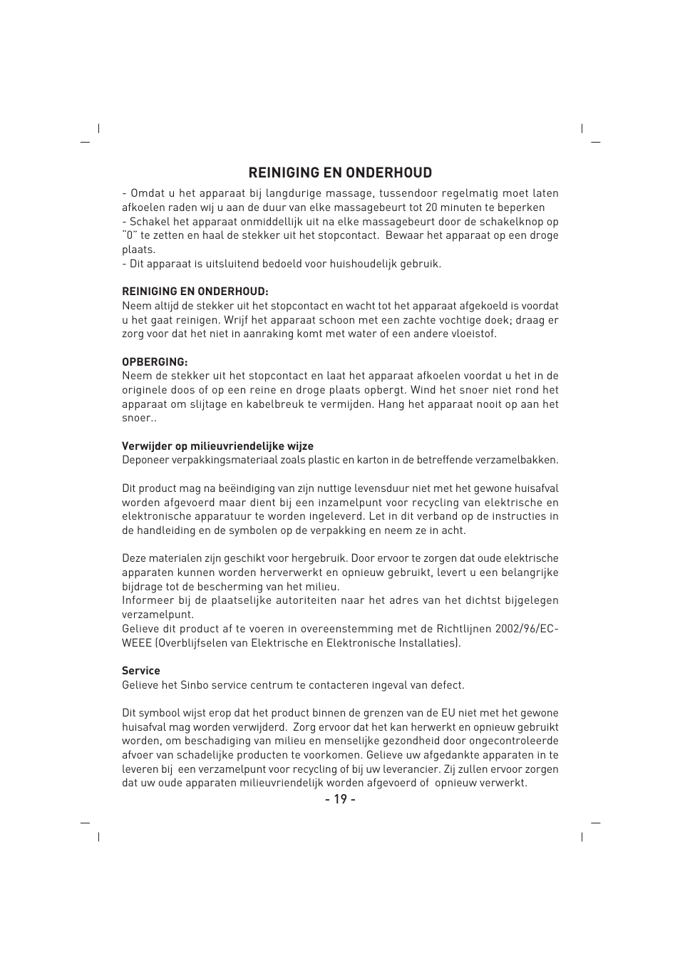 Reiniging en onderhoud | SINBO SMR 4219 User Manual | Page 20 / 48