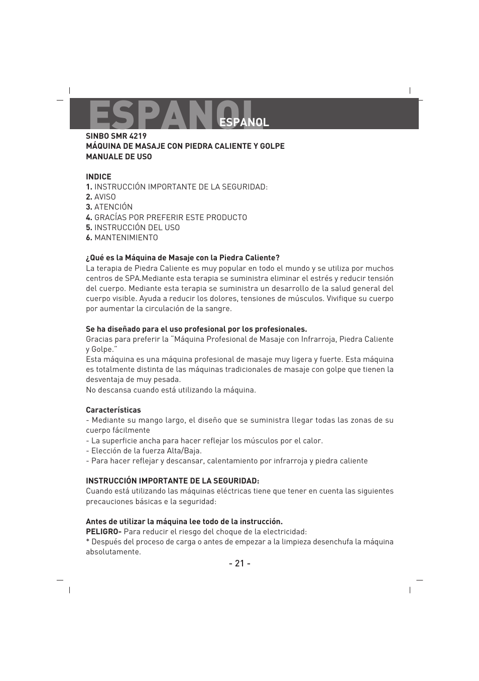 Espanol | SINBO SMR 4219 User Manual | Page 22 / 48
