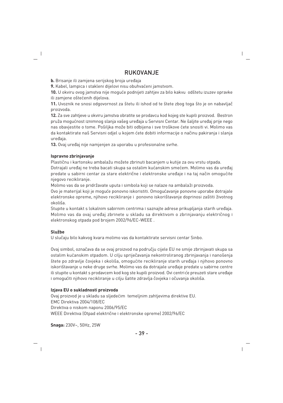 Rukovanje | SINBO SMR 4219 User Manual | Page 40 / 48